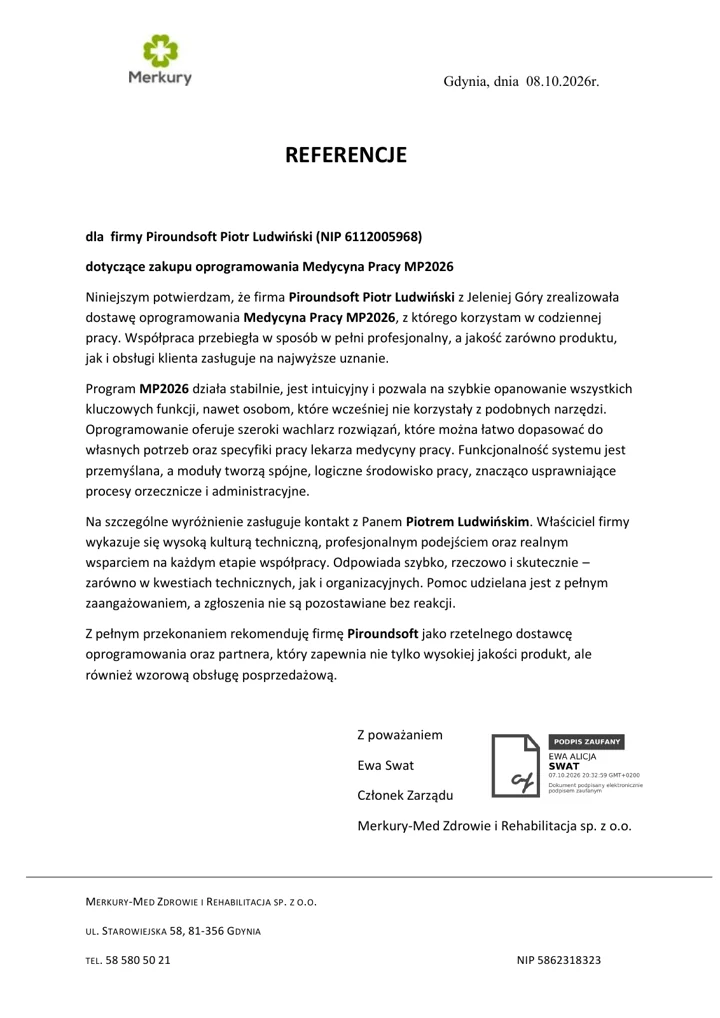Podgląd pierwszej strony referencji Merkury-Med dla MP2026